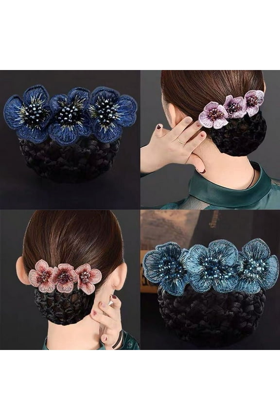 4 Pack Women Hair Bun Cover Net Snood, Flower Hair Barrette Hair Clips, Thick Thin Hairnet Hair Accessories for Lady Women Nurse Stewardess with Work Clothes(Navy Blue+Pink+Sky Blue+Purple)