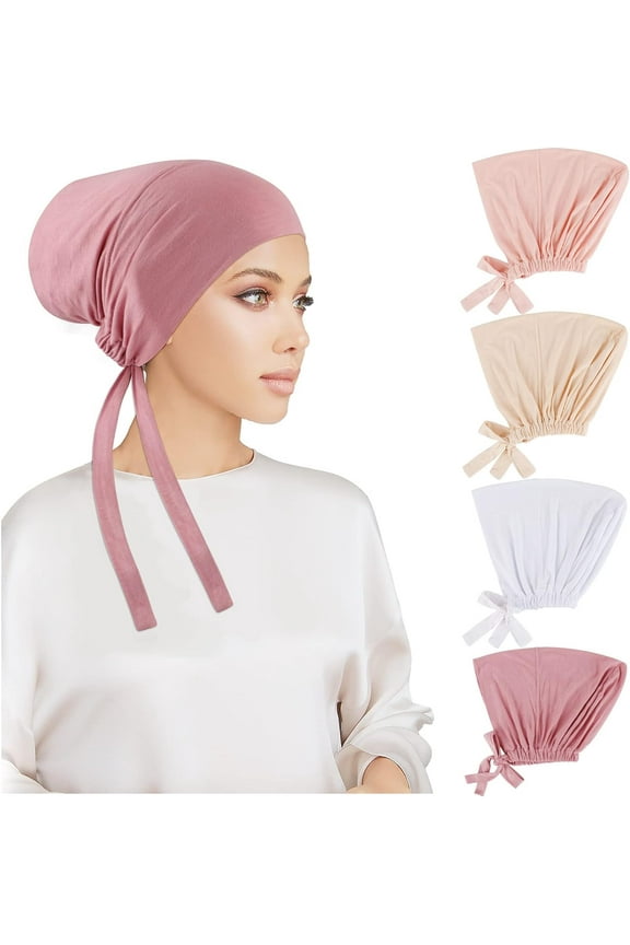 4 Pack Women Under Scarf Hat Hijab Cap Islamic Muslim Underscarf Turban Beanie Cap with Tie Back Closure