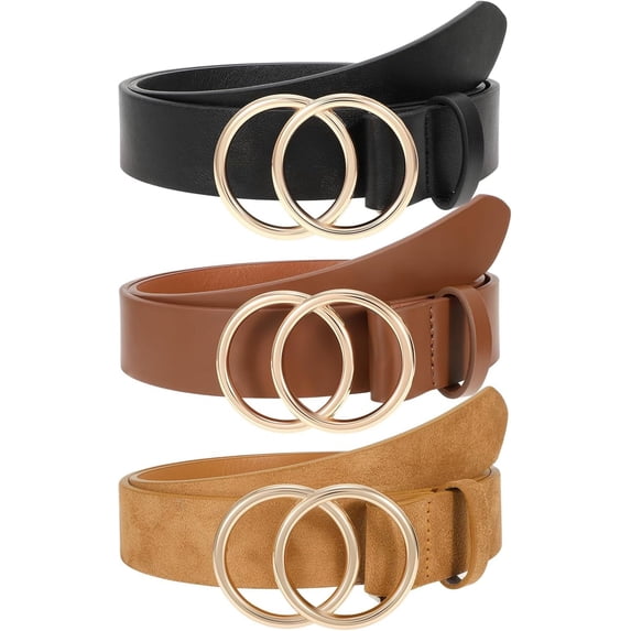 4 Pack Women Leather Belts Faux Leather Jeans Belt with Double O Ring Buckle