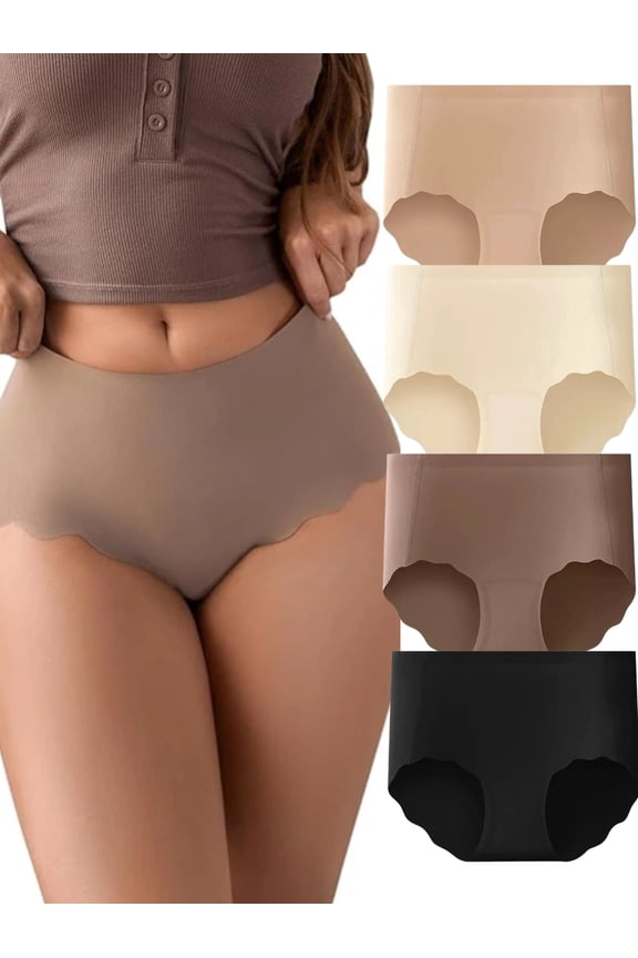 4 Pack Women' Seamless High Waisted Cheeky Bikini Panties - No Show Wave Edge Briefs, Solid Color Ribbed Underwear Suitable for Swim to Casual Attire, Elegant Non- Panty Liners