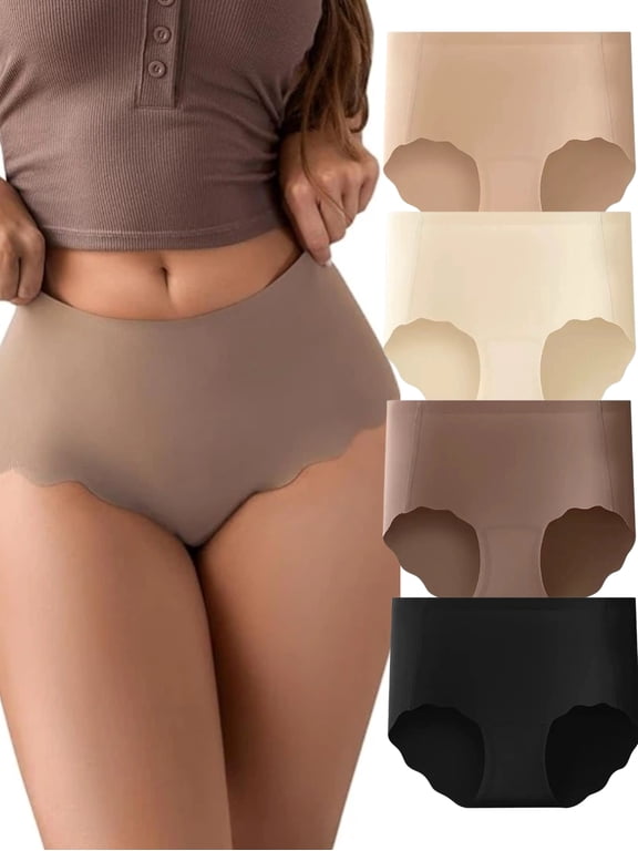 4 Pack Women' Seamless High Waisted Cheeky Bikini Panties - No Show Wave Edge Briefs, Solid Color Ribbed Underwear Suitable for Swim to Casual Attire, Elegant Non- Panty Liners