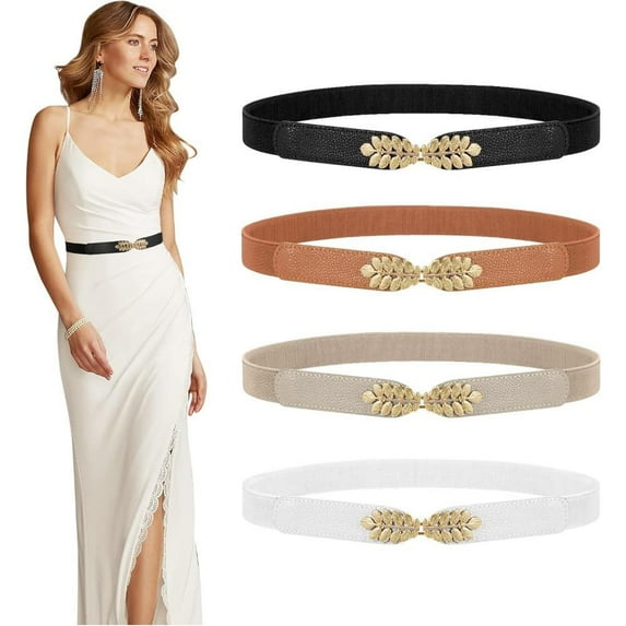 4 Pack Women Skinny Elastic Belt Ladies Fashion Leaf Alloy Buckle Stretchy Thin Waist Belt for Dresses