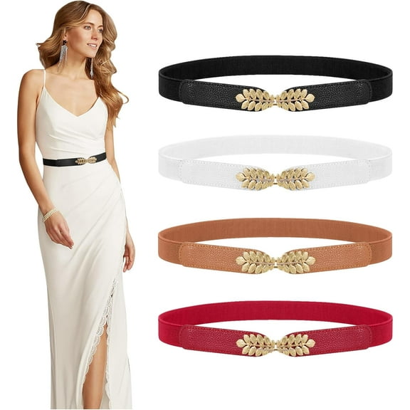 4 Pack Women Skinny Elastic Belt Ladies Fashion Leaf Alloy Buckle Stretchy Thin Waist Belt for Dresses