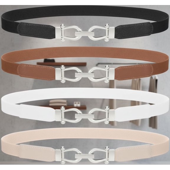 4 Pack Women Skinny Elastic Belts Gold Buckle Thin Stretchy Waist Belts for Dresses M Belt Length 31in,Up to 35in,Silver Black+white+beige+brown