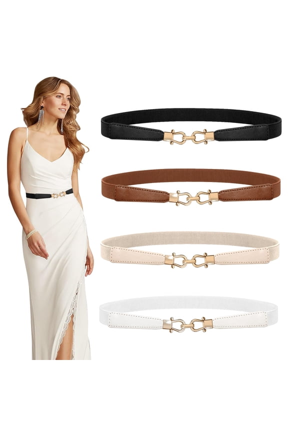 4 Pack Women Skinny Belt for Dresses Retro Stretch Waist Belt with Gold Buckle