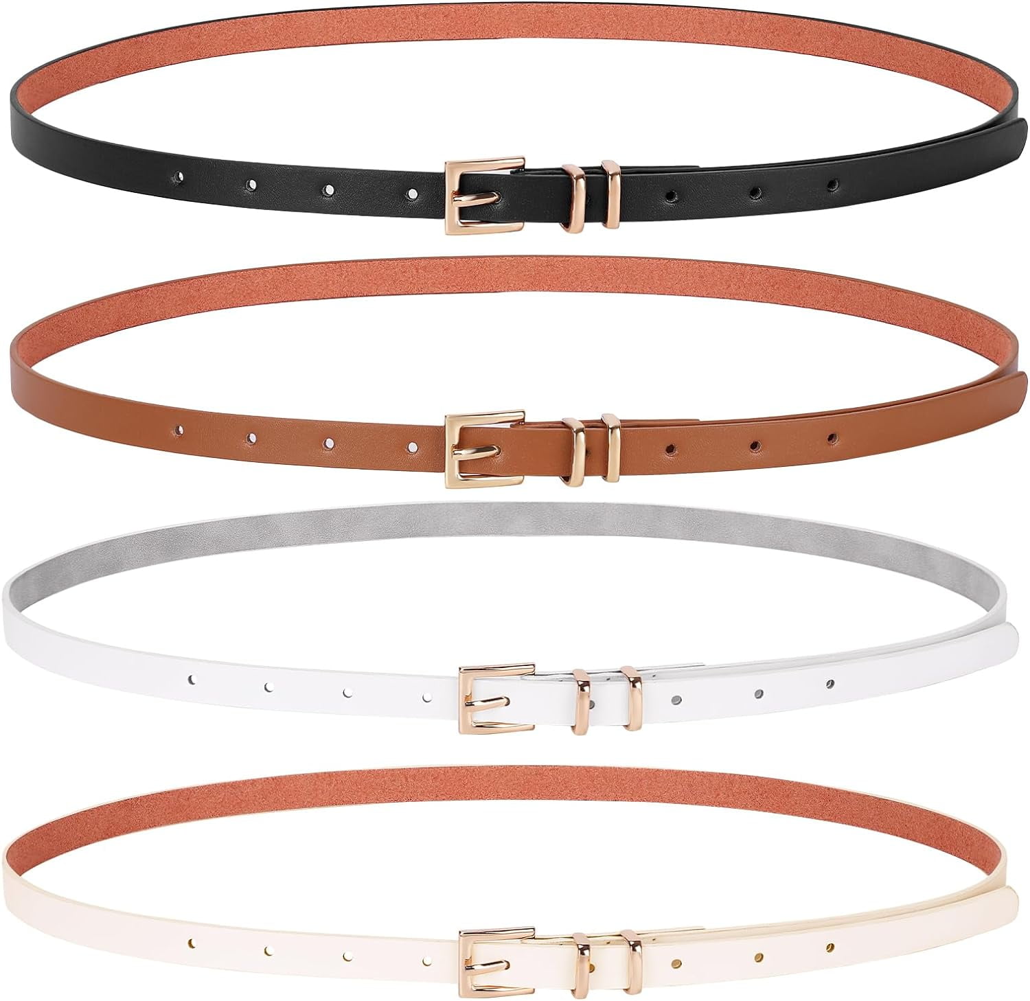 4 Pack Faux Leather Skinny Belts for Women with Gold Buckle 2 Pack Women Skinny Leather Belts for Jeans Pants Thin Faux  main image 3