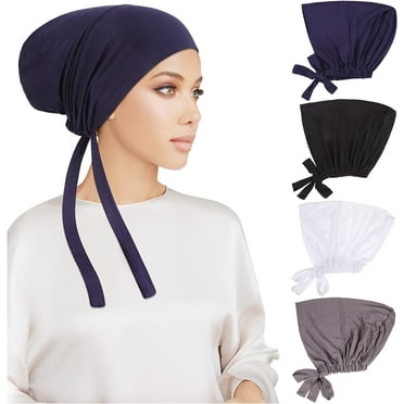 4 Pack Women Under Scarf Hat Hijab Cap Islamic Muslim Underscarf Turban Beanie Cap with Tie Back Closure