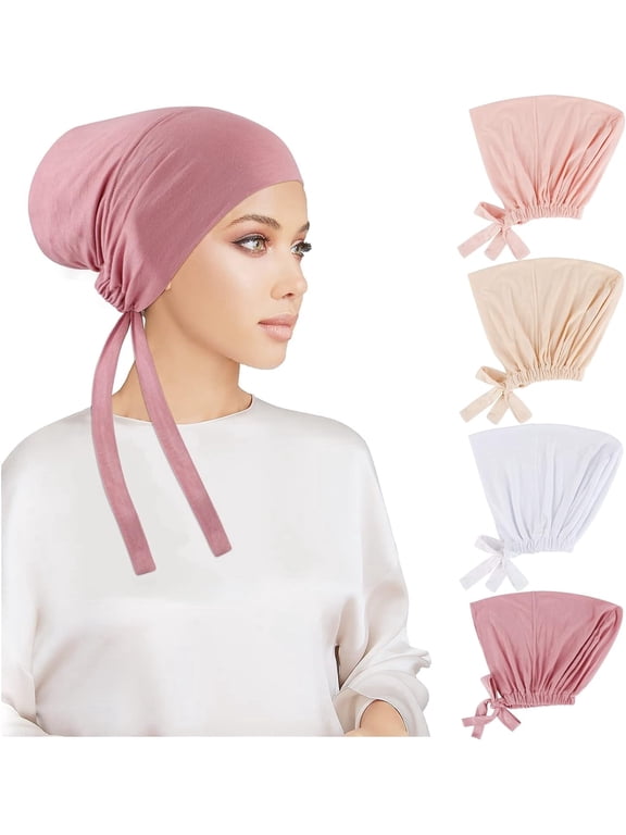 4 Pack Women Under Scarf Hijab Caps, Modal Islamic Turban Underscarf with Tie Back Closure, Soft Breathable Muslim Hijab Liner Caps for Daily Wear