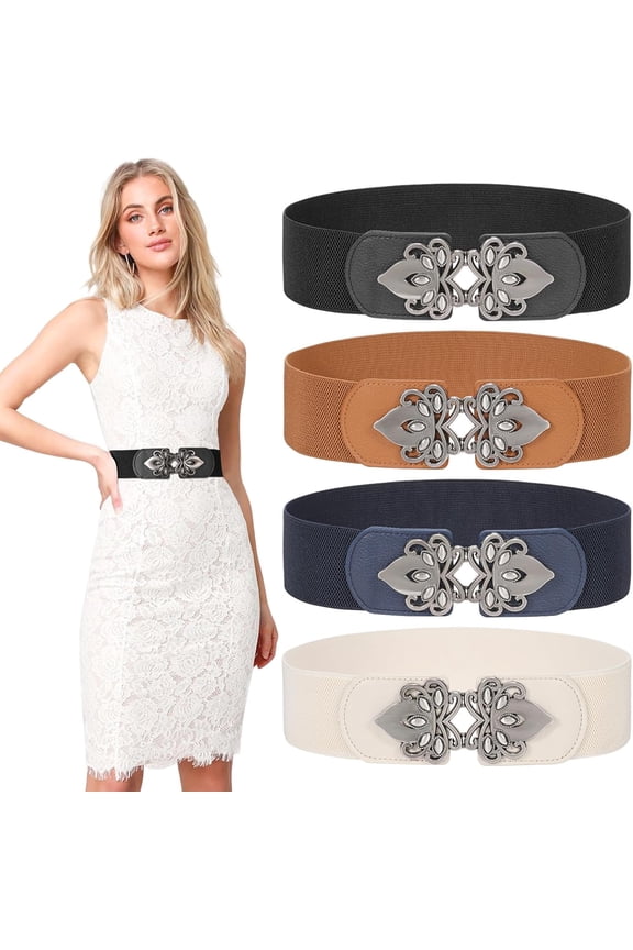 4 Pack Women Wide Elastic Waist Belt for Dress Plus Size Vintage Stretch Cinch Belt Retro Buckle 2.36" Width