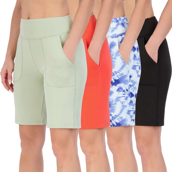 Real Essentials 4 Pack: Women's 9" Bermuda Long High Waisted Shorts with Pockets Casual Workout Athletic (Available in Plus)