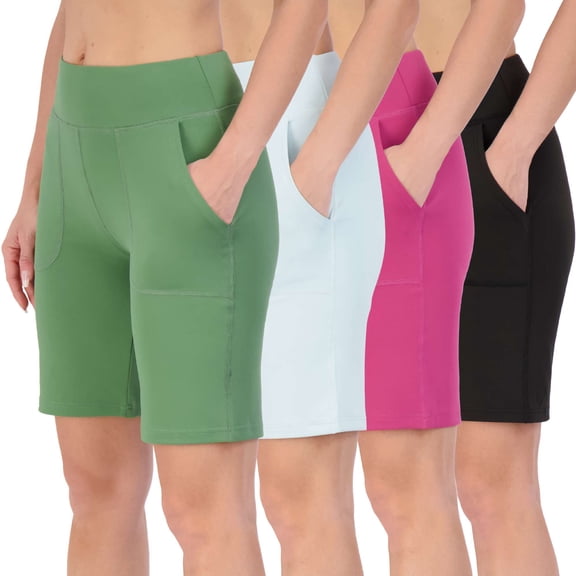 Real Essentials 4 Pack: Women's 9" Bermuda Long High Waisted Shorts with Pockets Casual Workout Athletic (Available in Plus)