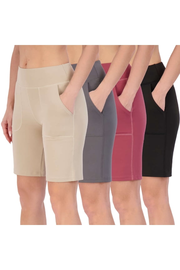4 Pack: Women's 9" Bermuda Long High Waisted Shorts with Pockets Casual Workout Athletic (Available in Plus)