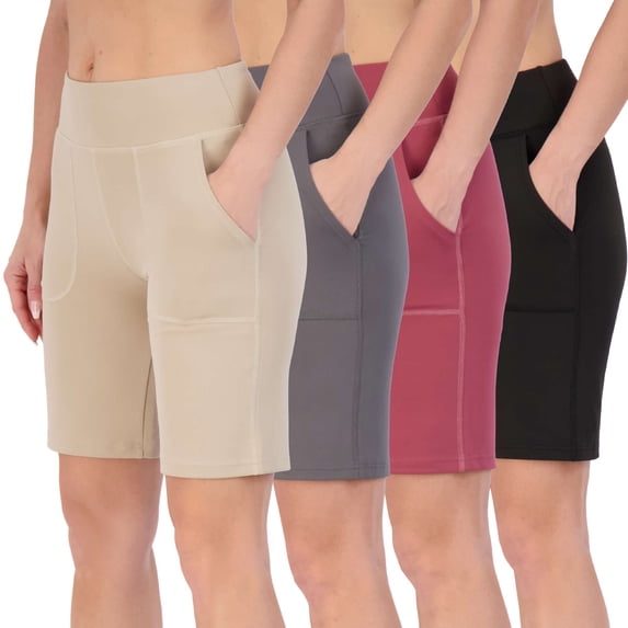 Real Essentials 4 Pack: Women's 9" Bermuda Long High Waisted Shorts with Pockets Casual Workout Athletic (Available in Plus)