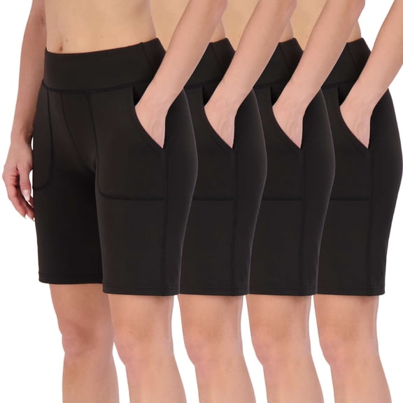 Real Essentials 4 Pack: Women's 9" Bermuda Long High Waisted Shorts with Pockets Casual Workout Athletic (Available in Plus)