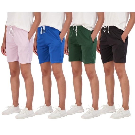 4-Pack: Women's 7" Mesh Quick-Dry Bermuda Active Athletic Long Shorts with Pockets (Available in Plus Size)