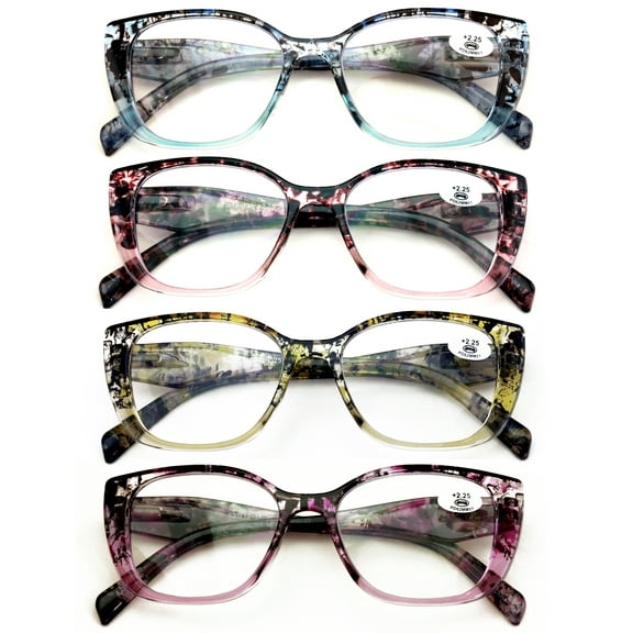 4-Pack Women’s Cat Eye Reading Glasses – Trendy Marbled Frame Readers – Lightweight Spring Hinge Design ZT116 +3.00