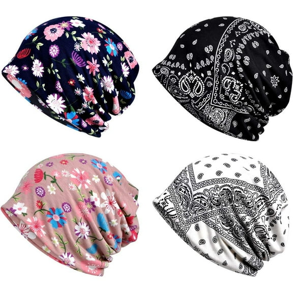 4 Pack Women's Chemotherapy Headgear Hat Slouchy Beanie Printed Cap Scarf Fashion Accessories