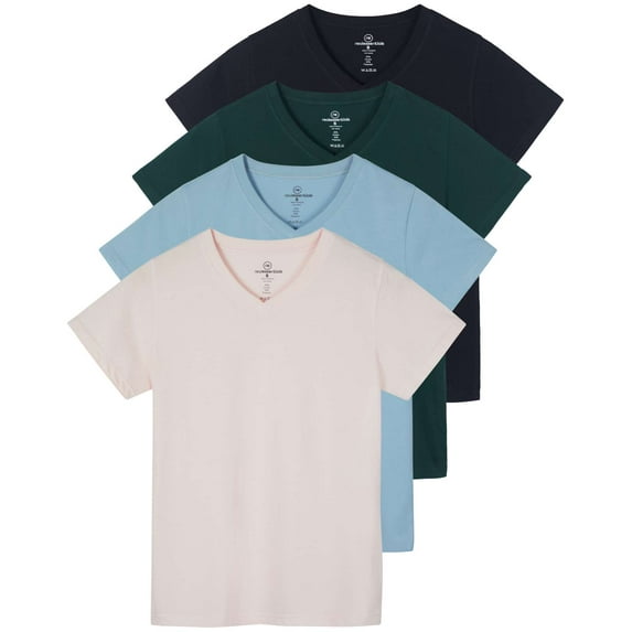Real Essentials 4 Pack: Women's Classic-Fit Cotton Short-Sleeve V-Neck T-Shirt (Available in Plus Size)