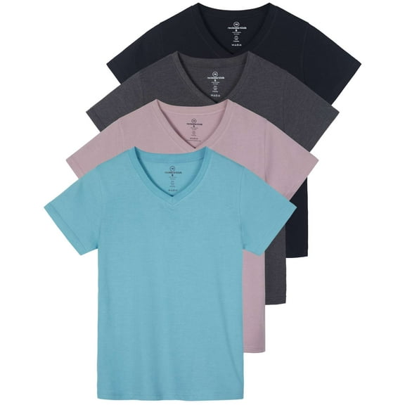Real Essentials 4 Pack: Women's Classic-Fit Cotton Short-Sleeve V-Neck T-Shirt (Available in Plus Size)