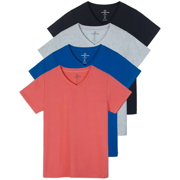 Real Essentials 4 Pack: Women's Classic-Fit Cotton Short-Sleeve V-Neck T-Shirt (Available in Plus Size)
