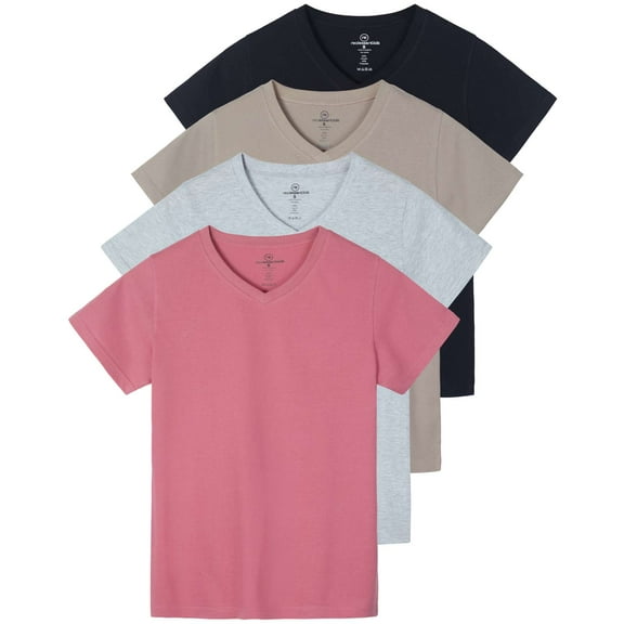 Real Essentials 4 Pack: Women's Classic-Fit Cotton Short-Sleeve V-Neck T-Shirt (Available in Plus Size)