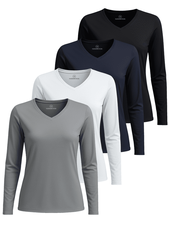 4 Pack Women's Dry Fit Long Sleeve V Neck Tops Workout Athletic Tees Shirts