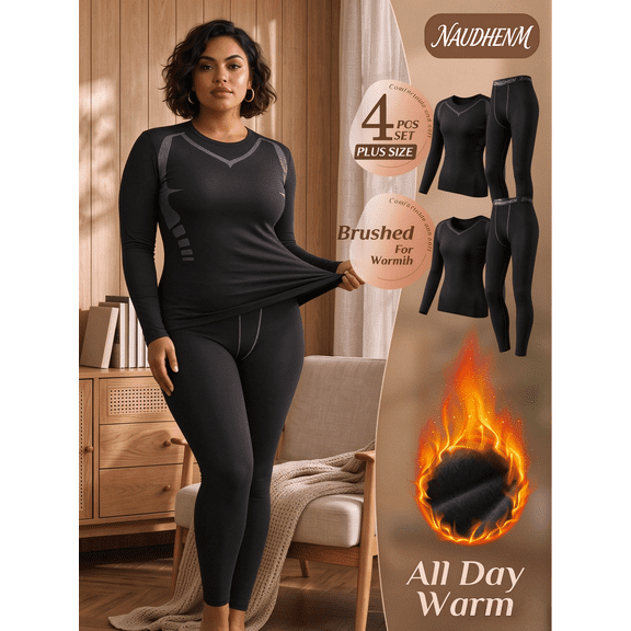 4 Pack Women's Fleece Lined Thermal Compression Athletic Outfit Sets, Long Sleeve Tops & Pants Winter Warm Long Johns Underwear for Skiing Running Hunting Gym