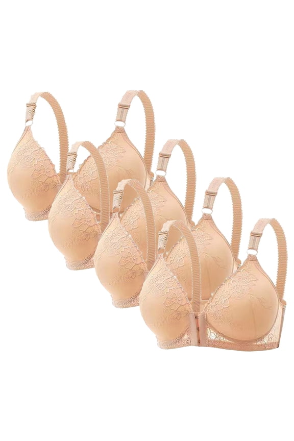 4 Pack Women's Front Opening Bra Plus Size Lace Breathable Wrapped Up Cup Side Fold Breast Push-Up Bra , Available In Multi Packs Beige L