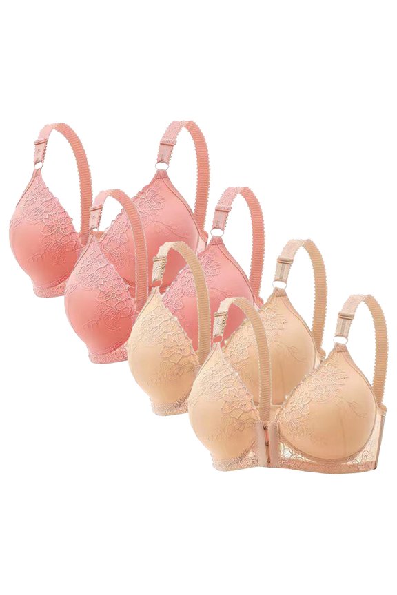 4 Pack Women's Front Opening Bra Plus Size Lace Breathable Wrapped Up Cup Side Fold Breast Push-Up Bra , Available In Multi Packs Khaki XL