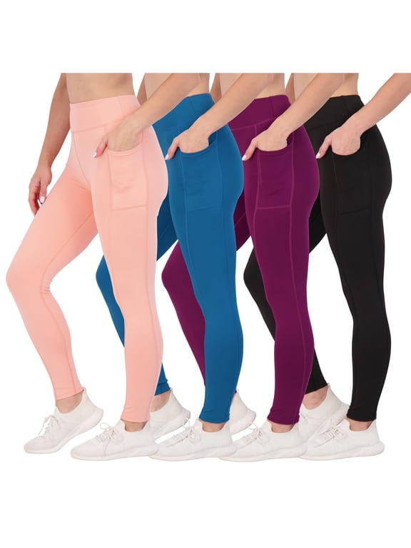 4-Pack: Women's Full Length Fitted Athletic Yoga Performance Leggings with Pockets (Available in Plus Size)