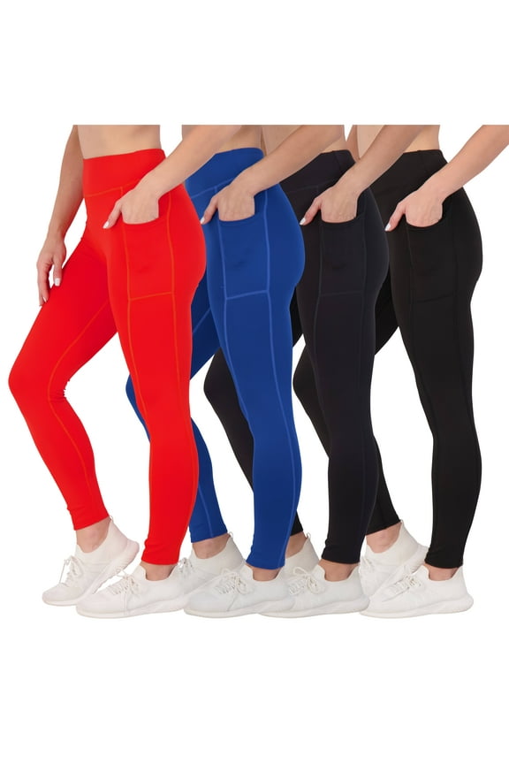 4-Pack: Women's Full Length Fitted Athletic Yoga Performance Leggings with Pockets (Available in Plus Size)