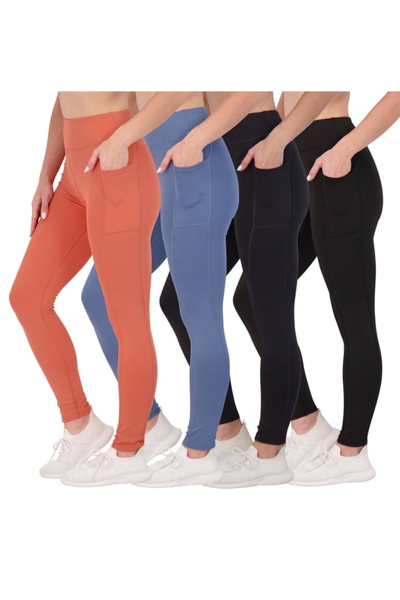4-Pack: Women's Full Length Fitted Athletic Yoga Performance Leggings with Pockets (Available in Plus Size)