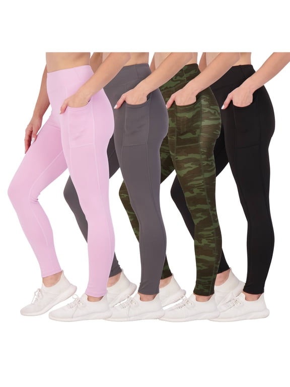 4-Pack: Women's Full Length Fitted Athletic Yoga Performance Leggings with Pockets (Available in Plus Size)