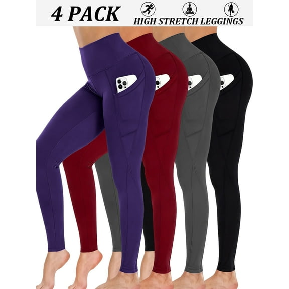4-Pack Women's High-Waisted Leggings with Pockets - Soft Yoga Pants for Workout & Everyday Wear | Medium Stretch, Ideal for Fall & Winter | Available in Black, Grey, Purple, Burgundy - Stylish & Comf
