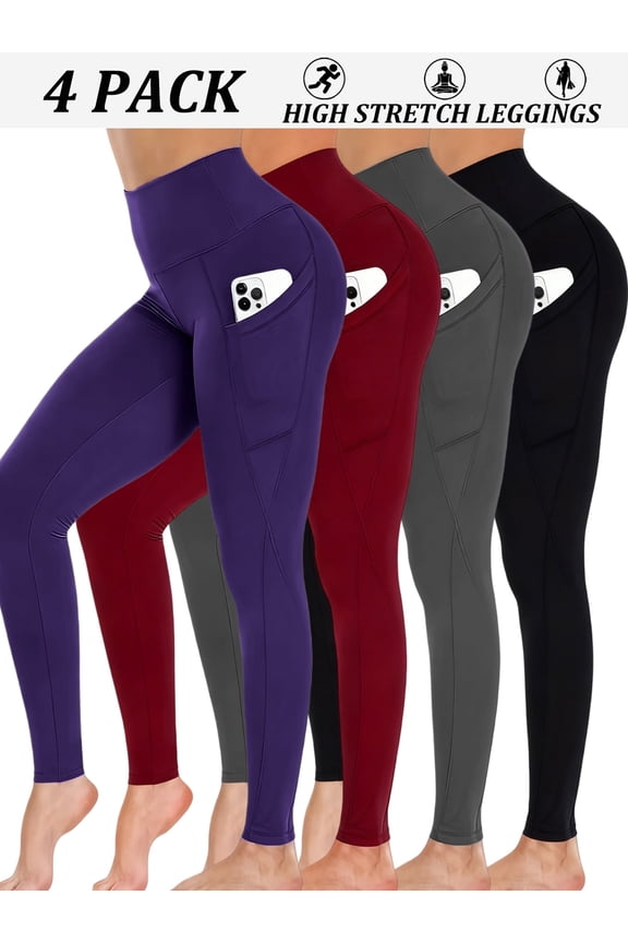 4-Pack Women's High-Waisted Leggings with Pockets - Soft Yoga Pants for Workout & Everyday Wear | Medium Stretch, Ideal for Fall & Winter | Available in Black, Grey, Purple, Burgundy - Stylish & Comf