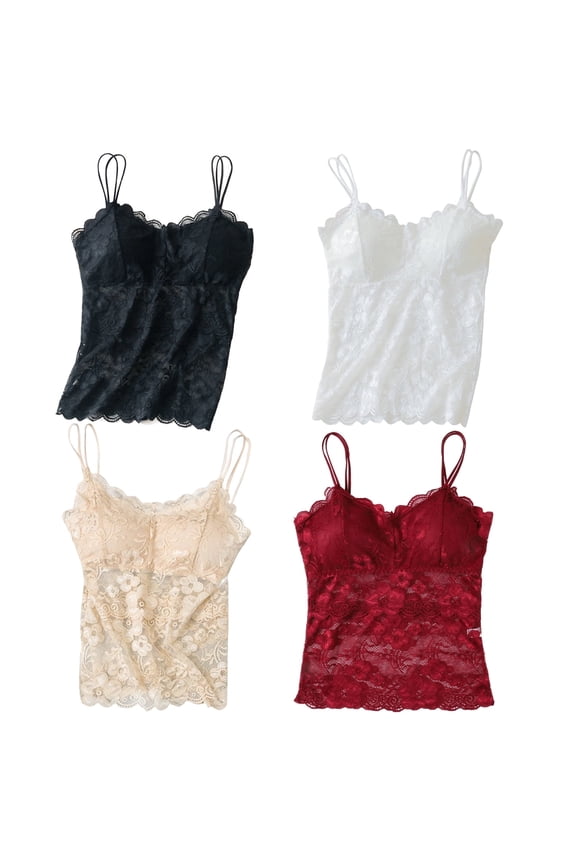 4 Pack Women's Lace Camisole Vest - Breathable Lace Bralette Floral Seamless Back Top with Built-in Pads for Daily Wear, M-2XL