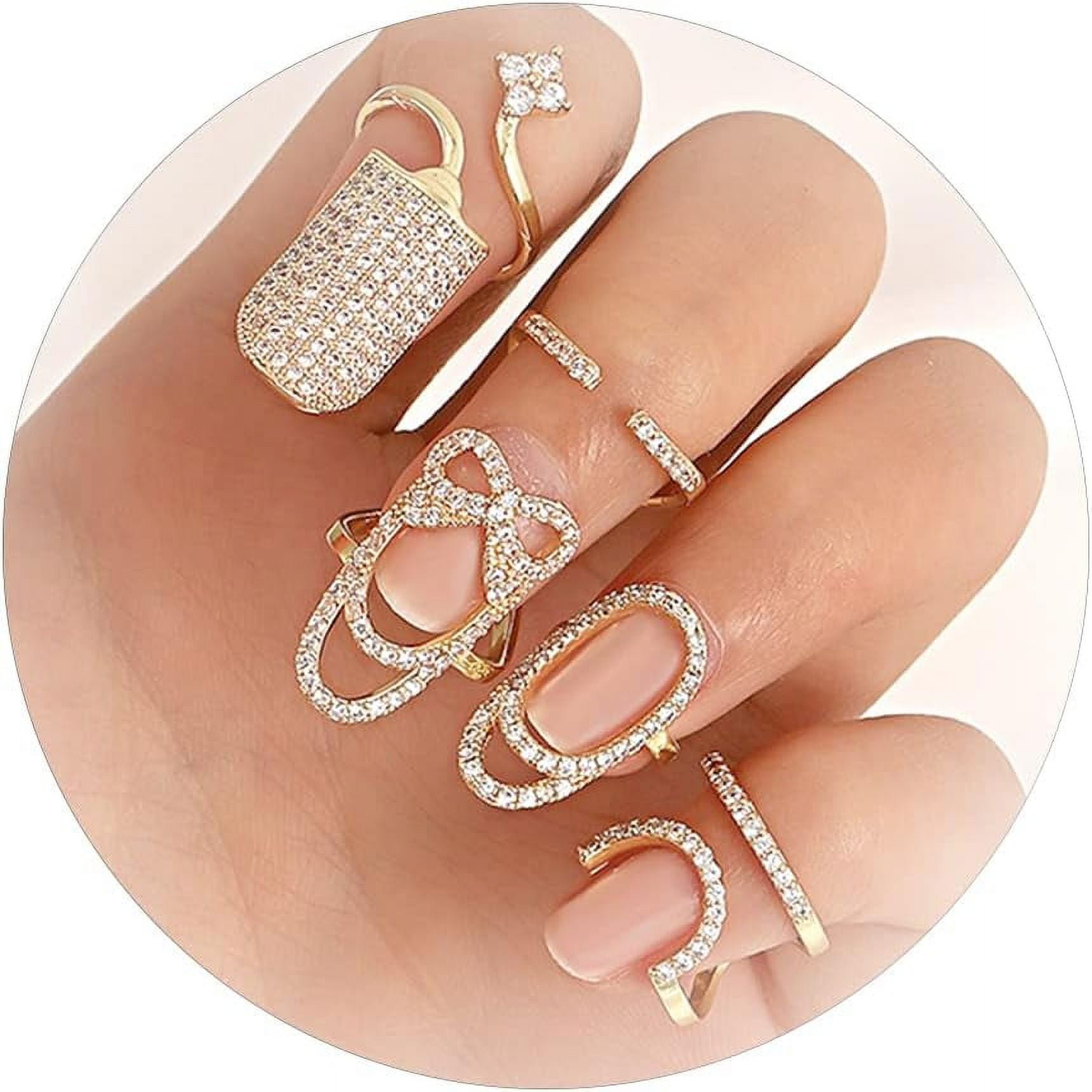 4 Pack Women s Nail Rings Rhinestone Fingertip Rings Finger Nail Jewelry Metal Nail Decoration Nail Protection Gold