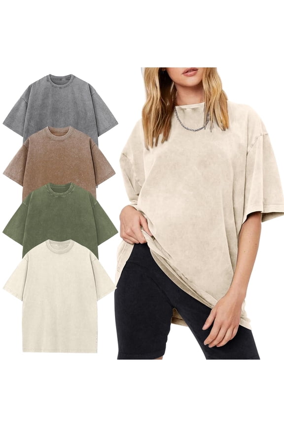 4 Pack Women's Oversized T-Shirts Acid Wash Boyfriend Cotton Tee Shirt Loose Fit Vintage Unisex Streetwear Tops