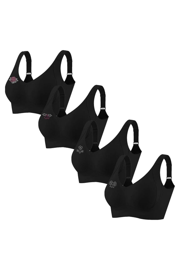 4 Pack Women's Plus Size Wireless Bralette Floral Rhinestone Full Coverage Bras Support Push up T-Shirt Bra, 105BCD