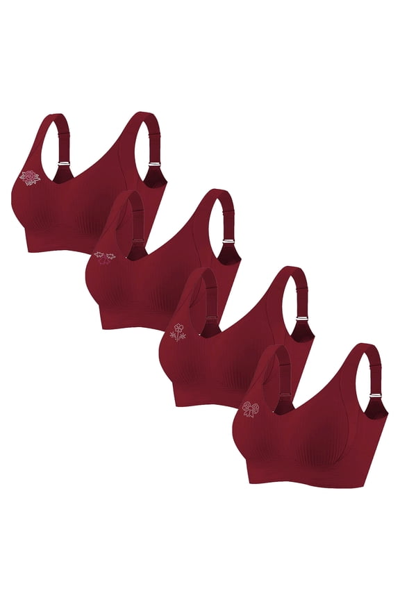 4 Pack Women's Plus Size Wireless Bralette Floral Rhinestone Full Coverage Bras Support Push up T-Shirt Bra, 80BCD
