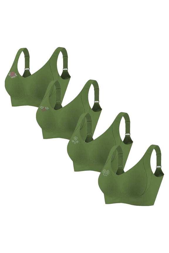 4 Pack Women's Plus Size Wireless Bralette Floral Rhinestone Full Coverage Bras Support Push up T-Shirt Bra, 95BCD