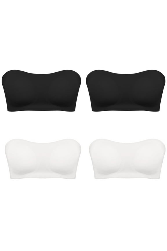4-Pack Women's Strapless Push Up Bandeau Bra Non-Slip Wireless Padded Seamless Comfort Tube Bra