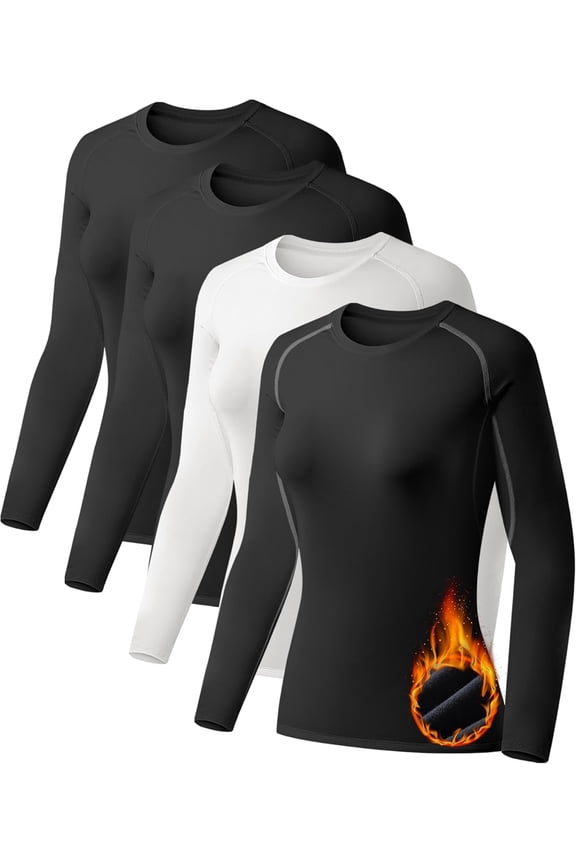 4 Pack Women's Thermal Shirts Fleece Lined Athletic Tops Long Sleeve Compression Workout Baselayer for Cold Weather