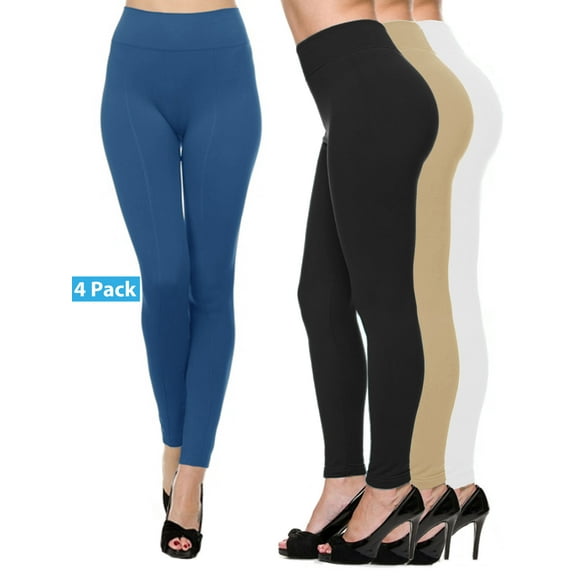 4 Pack Women's Warm Winter Fleece Lined wide elastic waistband Thermal Leggings with Flattering Front Seam