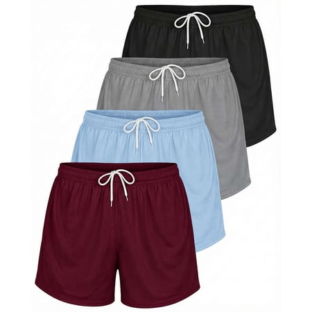 Real Essentials 4 Pack: Womens Active Athletic Performance Mesh Shorts with Pockets (Available in Plus Size)