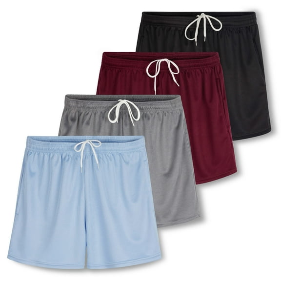 4 Pack: Womens Active Athletic Performance Mesh Shorts with Pockets (Available In Plus Size)