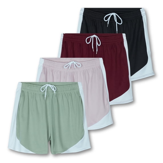4 Pack: Womens Active Athletic Performance Mesh Shorts with Pockets (Available In Plus Size)