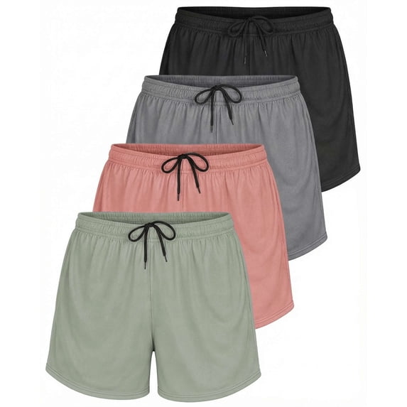 Real Essentials 4 Pack: Womens Active Athletic Performance Mesh Shorts with Pockets (Available in Plus Size)