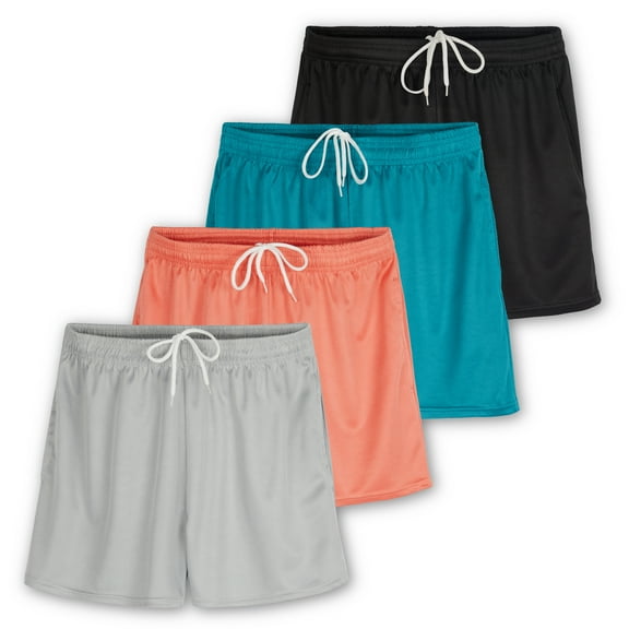 4 Pack: Womens Active Athletic Performance Mesh Shorts with Pockets (Available In Plus Size)