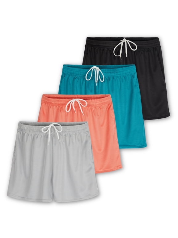 4 Pack: Womens Active Athletic Performance Mesh Shorts with Pockets (Available In Plus Size)
